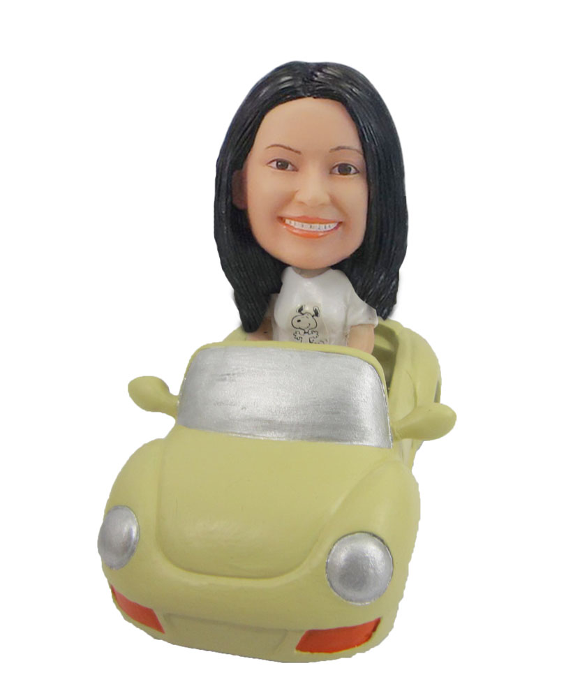 Female in car Woman driving yellow car bobble head F122