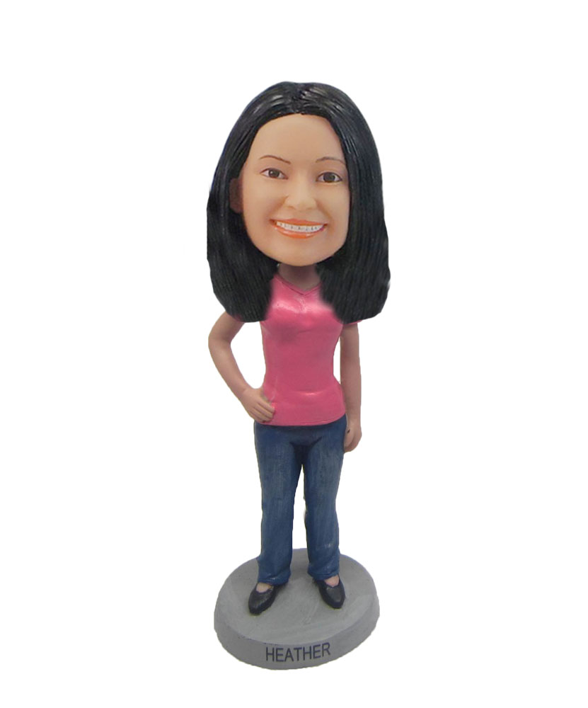 Custom Red T-shirt woman smile bobblehead F127