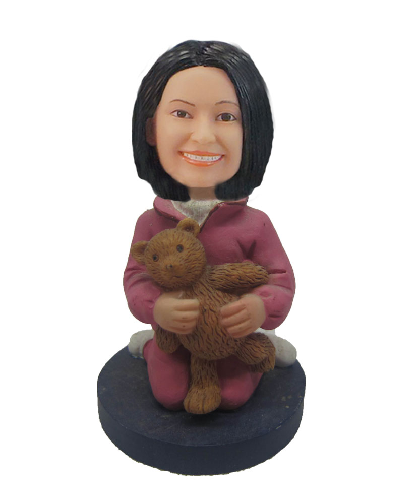 Female Girl with Cute bear toy Teddy bear bobblehead F143