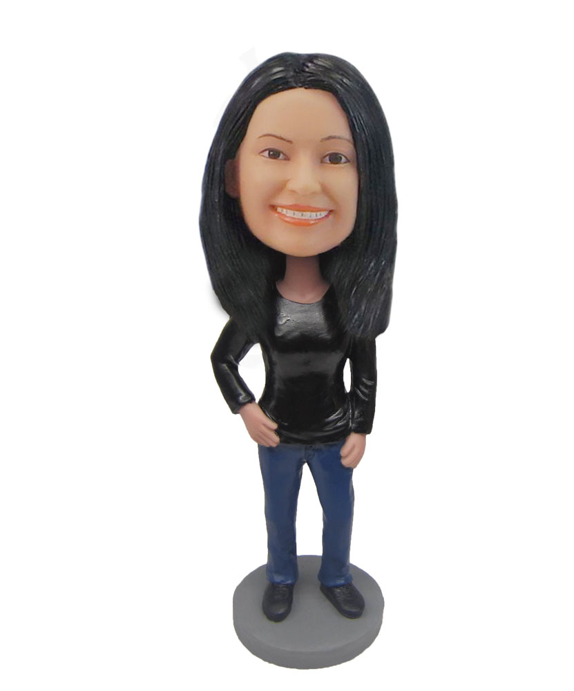 Female in Black shirt jeans bobblehead customizable doll F763