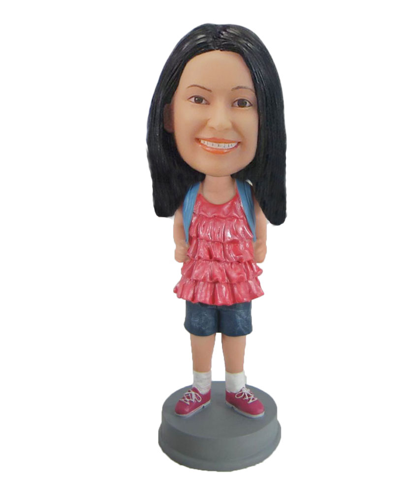 school girl in Cute pink top with bag bobblehead F864