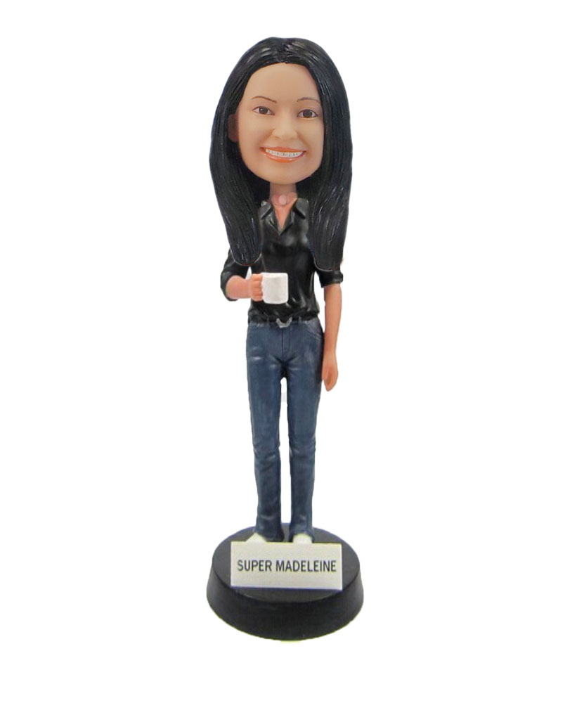 Long-legged Female holding mug bobblehead doll F1006