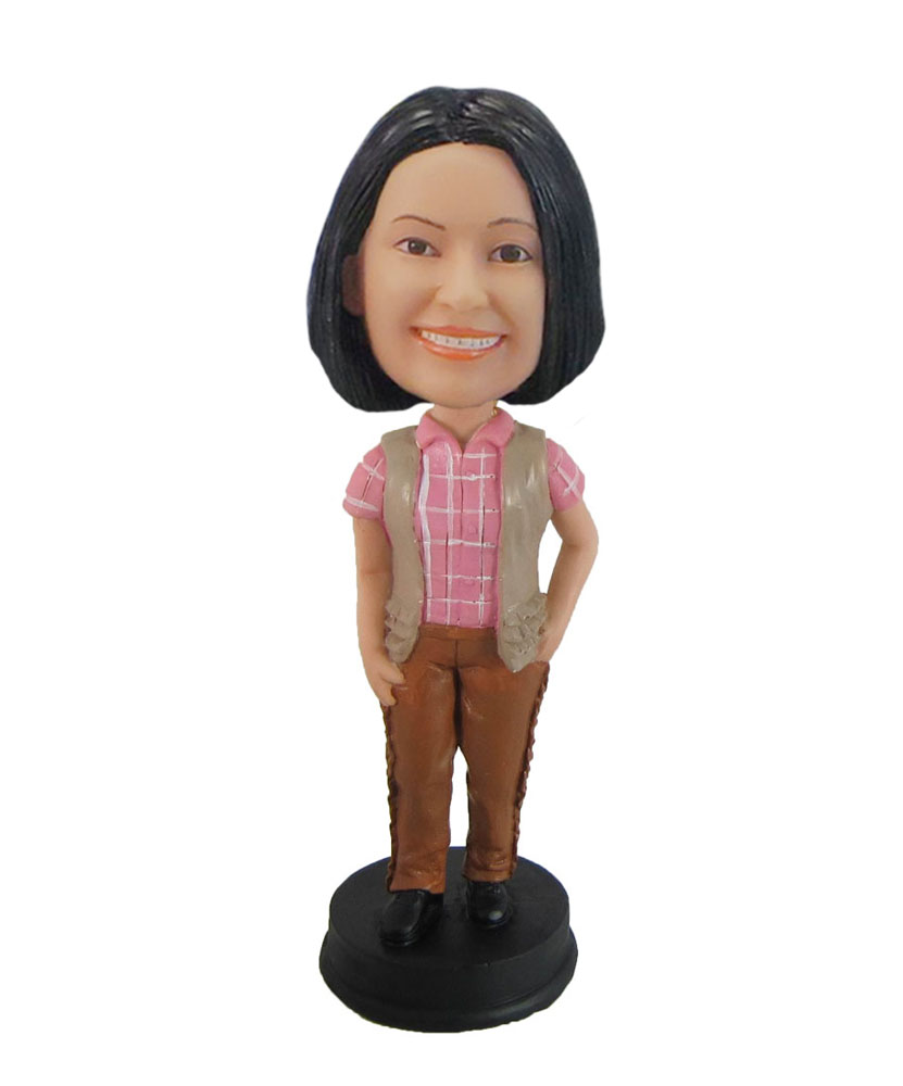 Female Pink plaid shirt cute girl bobblehead doll F1020