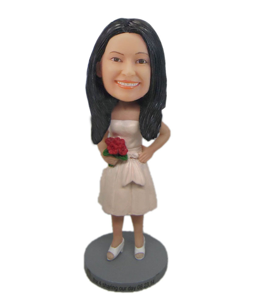 Custom bobblehead holding rose Bridesmaid in pink dress doll F5118