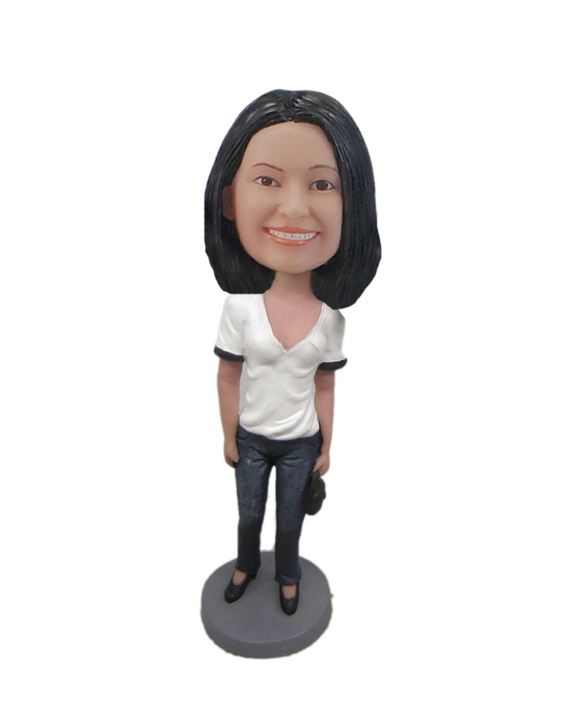 Personalized female in White top bobbleheads casual woman F5380